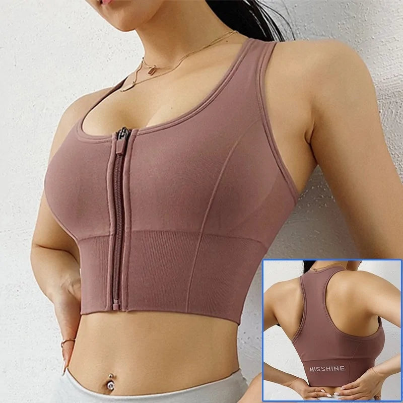 Cloud Hide Front Zipper Sports Bra - Women's Push-Up Yoga Crop Top