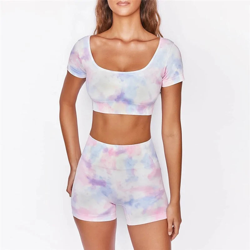 2020 Summer Tie Dye Women's Yoga Set: Short Sleeve Crop Top & High Waist Shorts