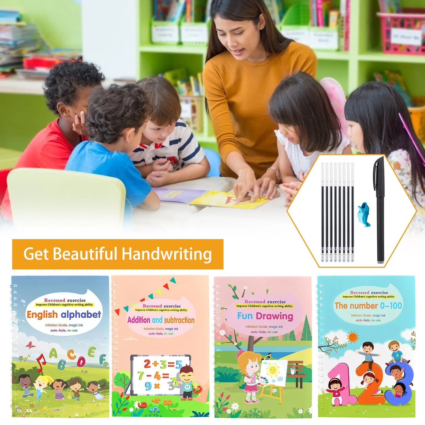 Children's Handwriting Tracing Book Set with Magic Practice Copybook and Pen